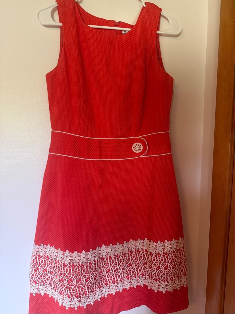 Alexandra Bartlett Red Dress with White Lace Trim